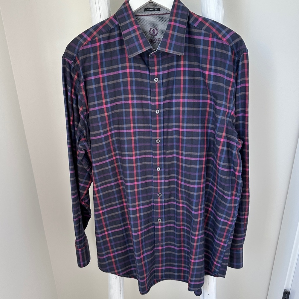 Bugatchi Men's Black and Colored Striped Dress Shirt Classic Fit Sz XL